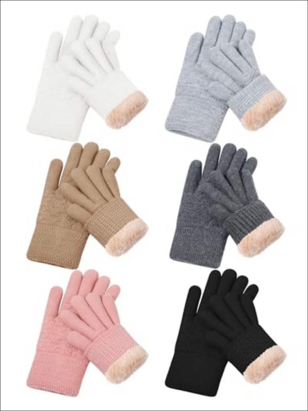 6 Pairs Fleece Lined Knitted Winter Gloves for Women One Size